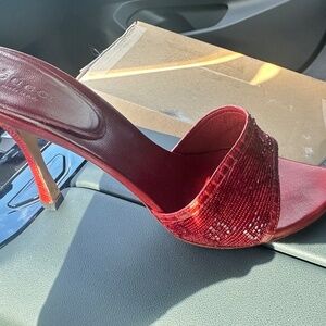 Gucci red GG Crystal with red  lizard heel, 4inch